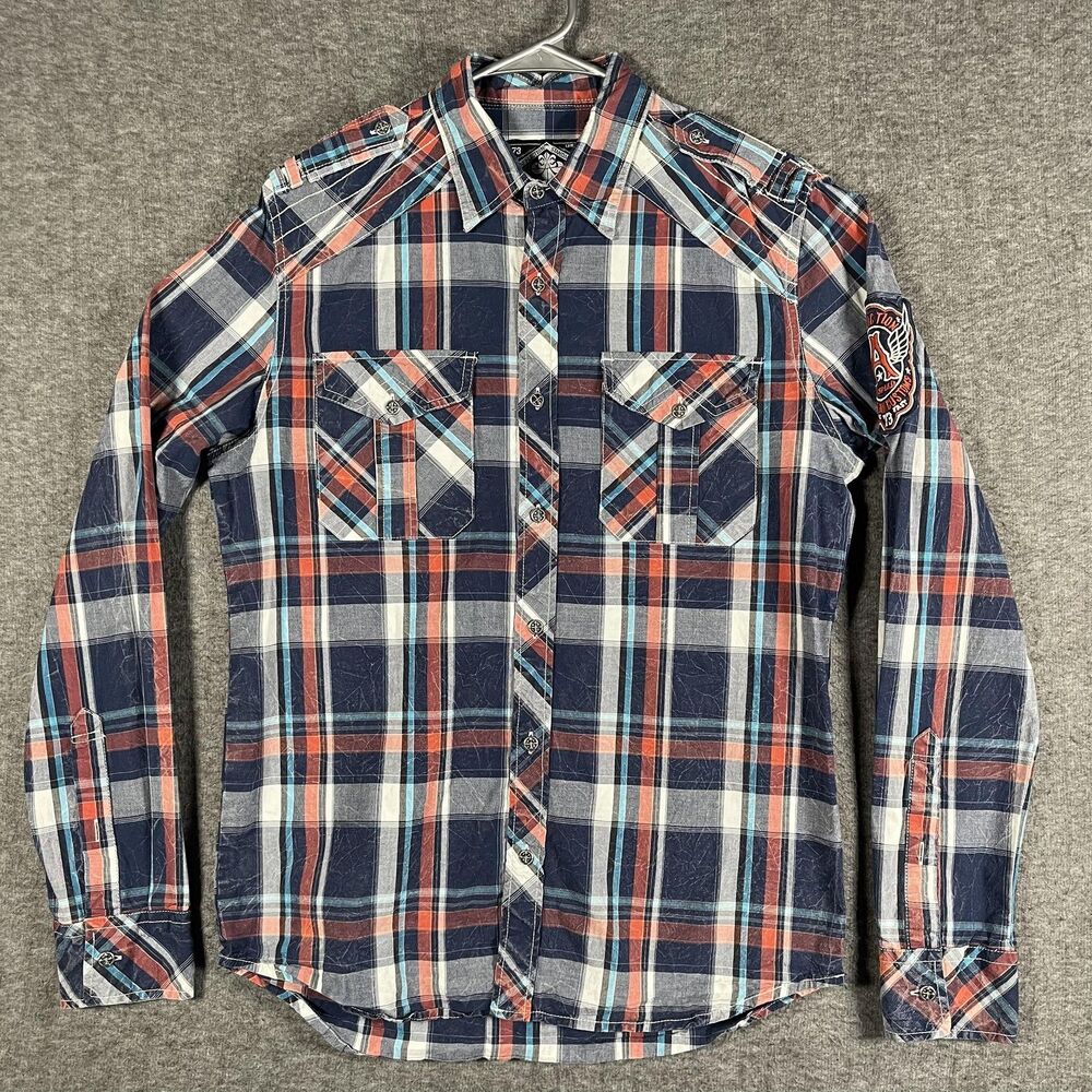 Affliction Shirt Mens Medium Blue Plaid Long Sleeve Western Biker Patch Casual